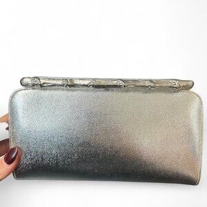 Vintage saks fifth Avenue Silver metallic clutch with metal bamboo handle